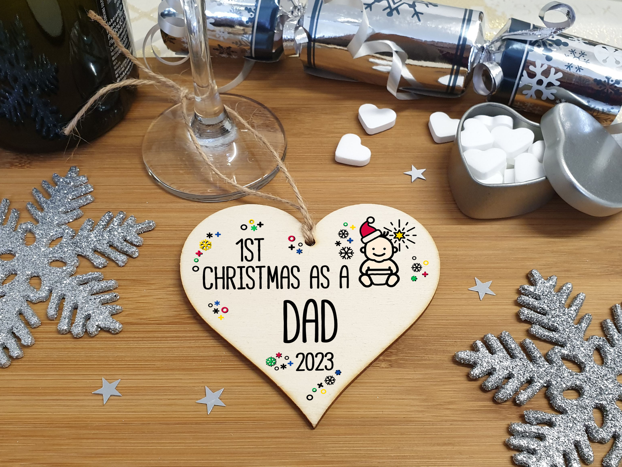 Handmade Wooden Christmas Hanging Heart Plaque Gift 1st Xmas as a Dad new baby family celebration tree decoration present for family