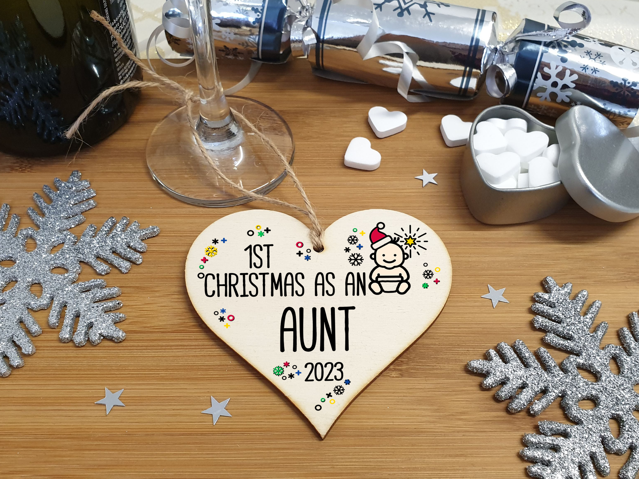 Handmade Wooden Christmas Hanging Heart Plaque Gift 1st Xmas as an Aunt new baby family celebration tree decoration present for family