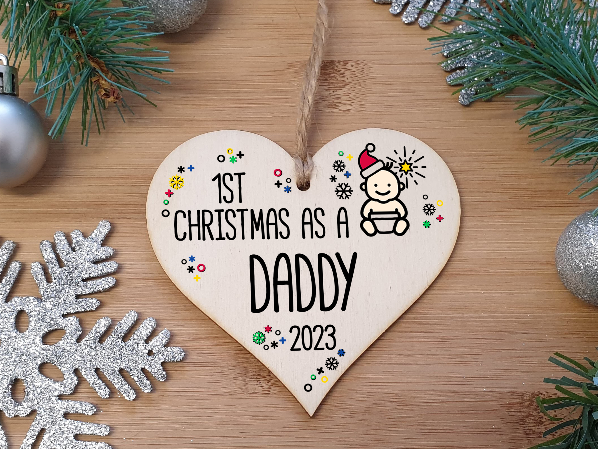 Handmade Wooden Christmas Hanging Heart Plaque Gift 1st Xmas as a Daddy new baby family celebration tree decoration present for family