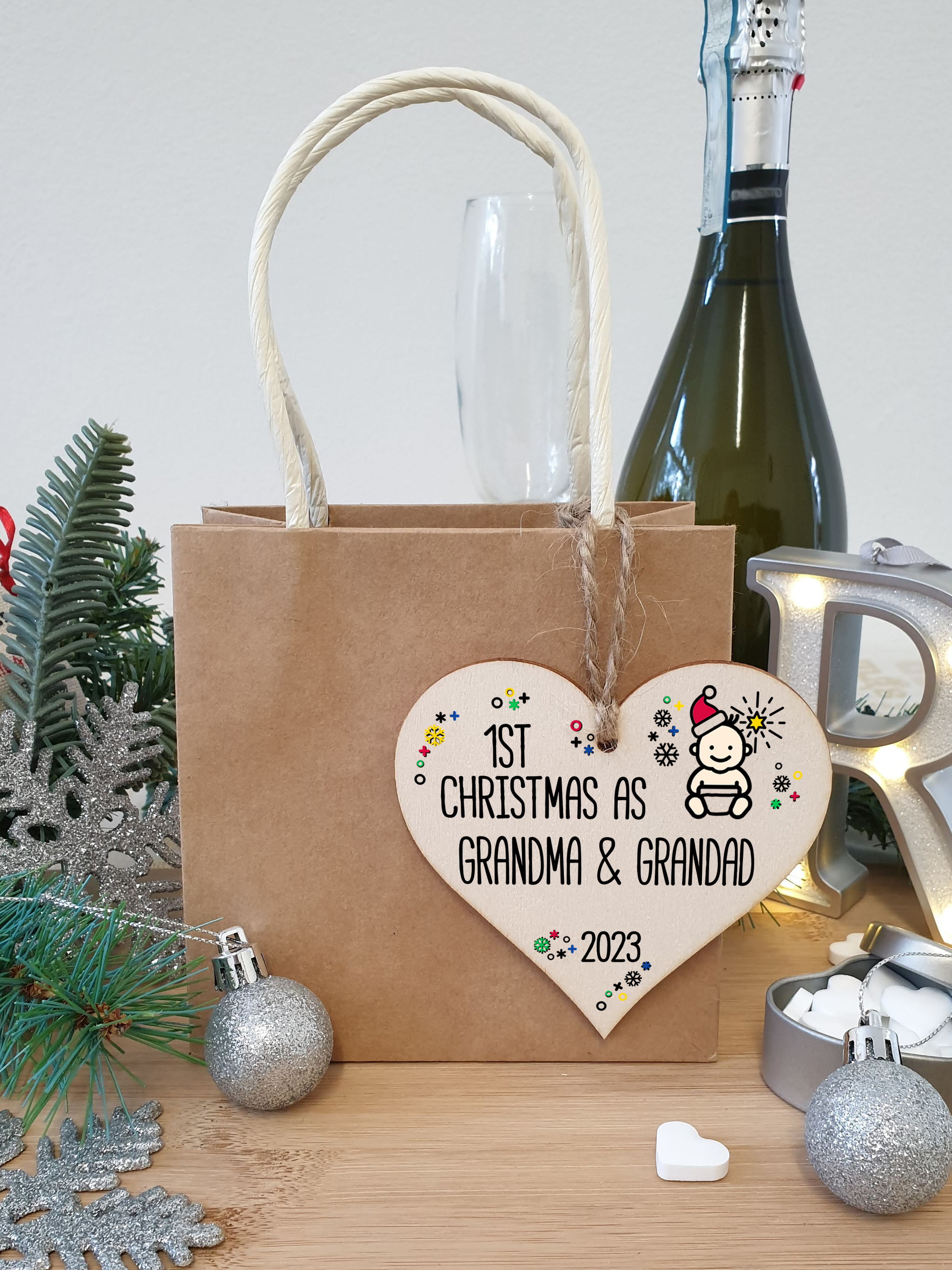 Handmade Wooden Christmas Hanging Heart Plaque Gift 1st Xmas as Grandparents new baby family celebration tree decoration present for family