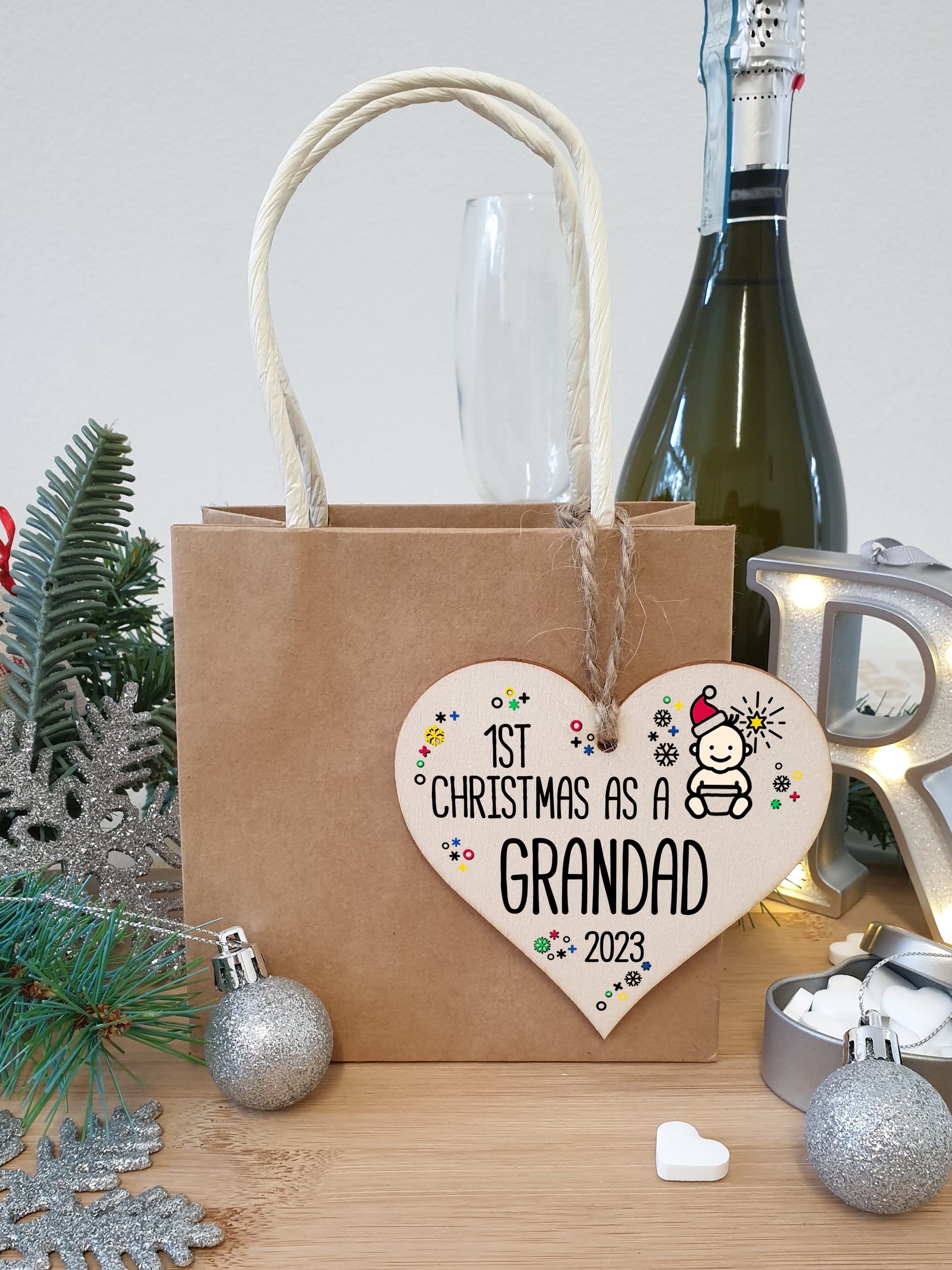 Handmade Wooden Christmas Hanging Heart Plaque Gift 1st Xmas as a Grandad new baby family celebration tree decoration present for family