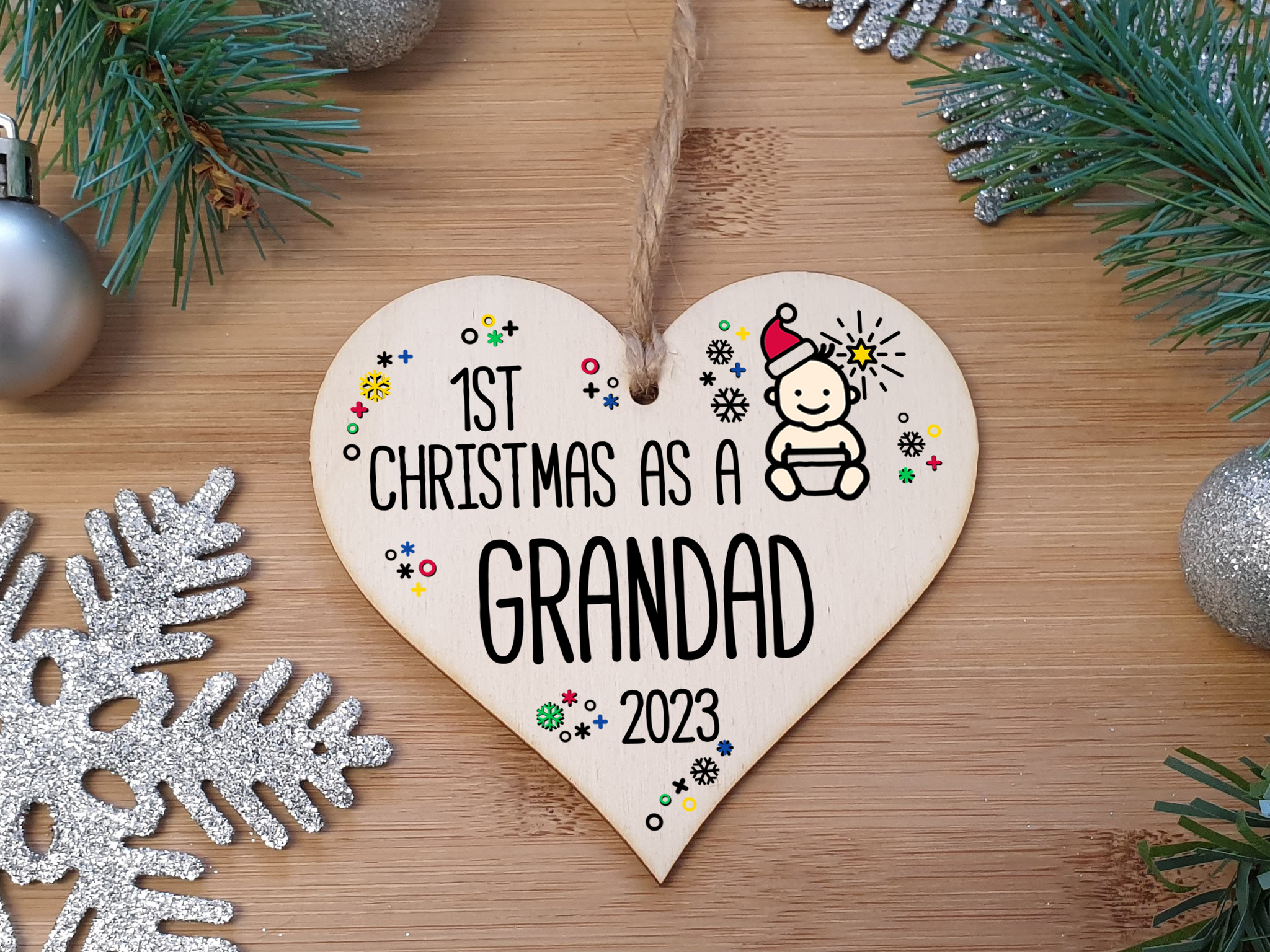Handmade Wooden Christmas Hanging Heart Plaque Gift 1st Xmas as a Grandad new baby family celebration tree decoration present for family