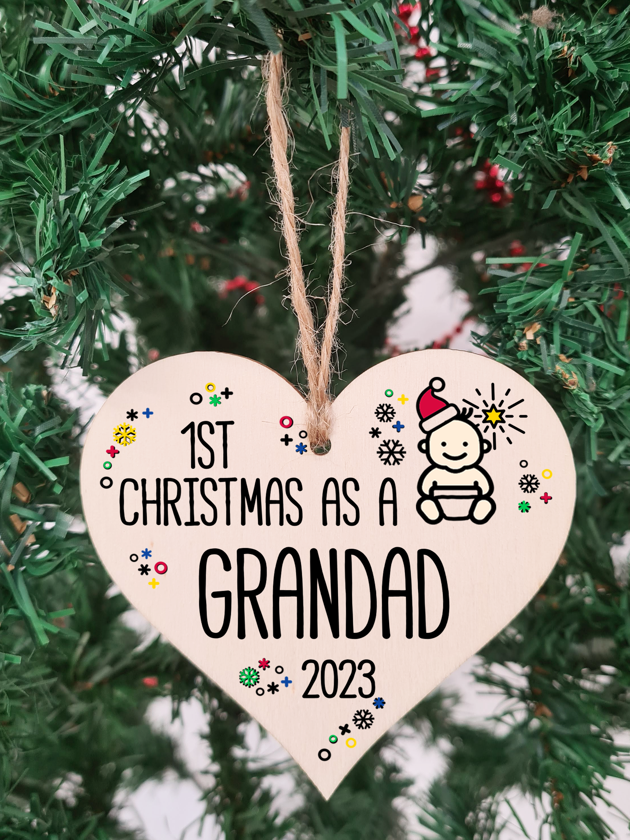 Handmade Wooden Christmas Hanging Heart Plaque Gift 1st Xmas as a Grandad new baby family celebration tree decoration present for family