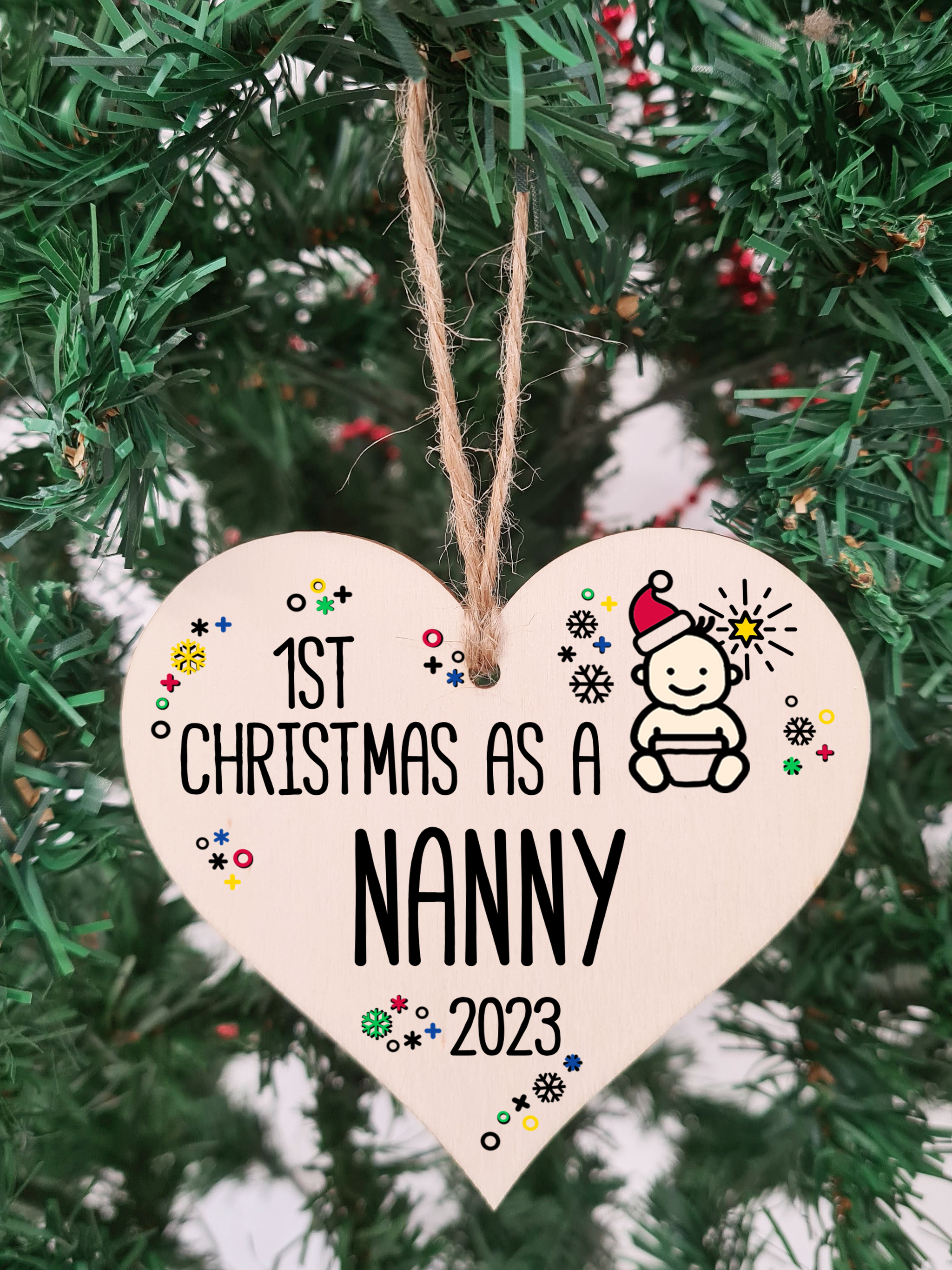 Handmade Wooden Christmas Hanging Heart Plaque Gift 1st Xmas as a Nanny new baby family celebration tree decoration present for family