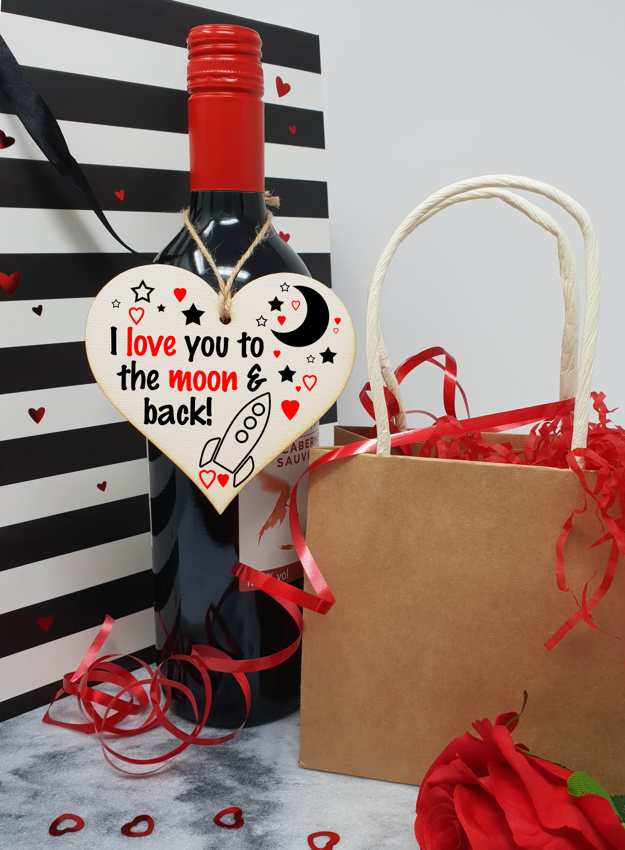 Handmade Wooden Hanging Heart Plaque Valentine's Gift Love You to the moon and back gift for someone special boyfriend girlfriend husband wife funny romantic keepsake