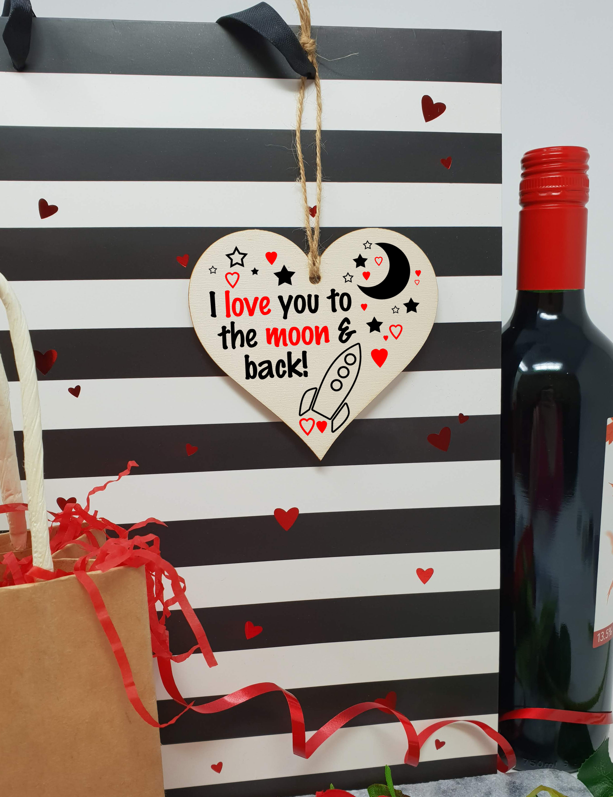 Handmade Wooden Hanging Heart Plaque Valentine's Gift Love You to the moon and back gift for someone special boyfriend girlfriend husband wife funny romantic keepsake