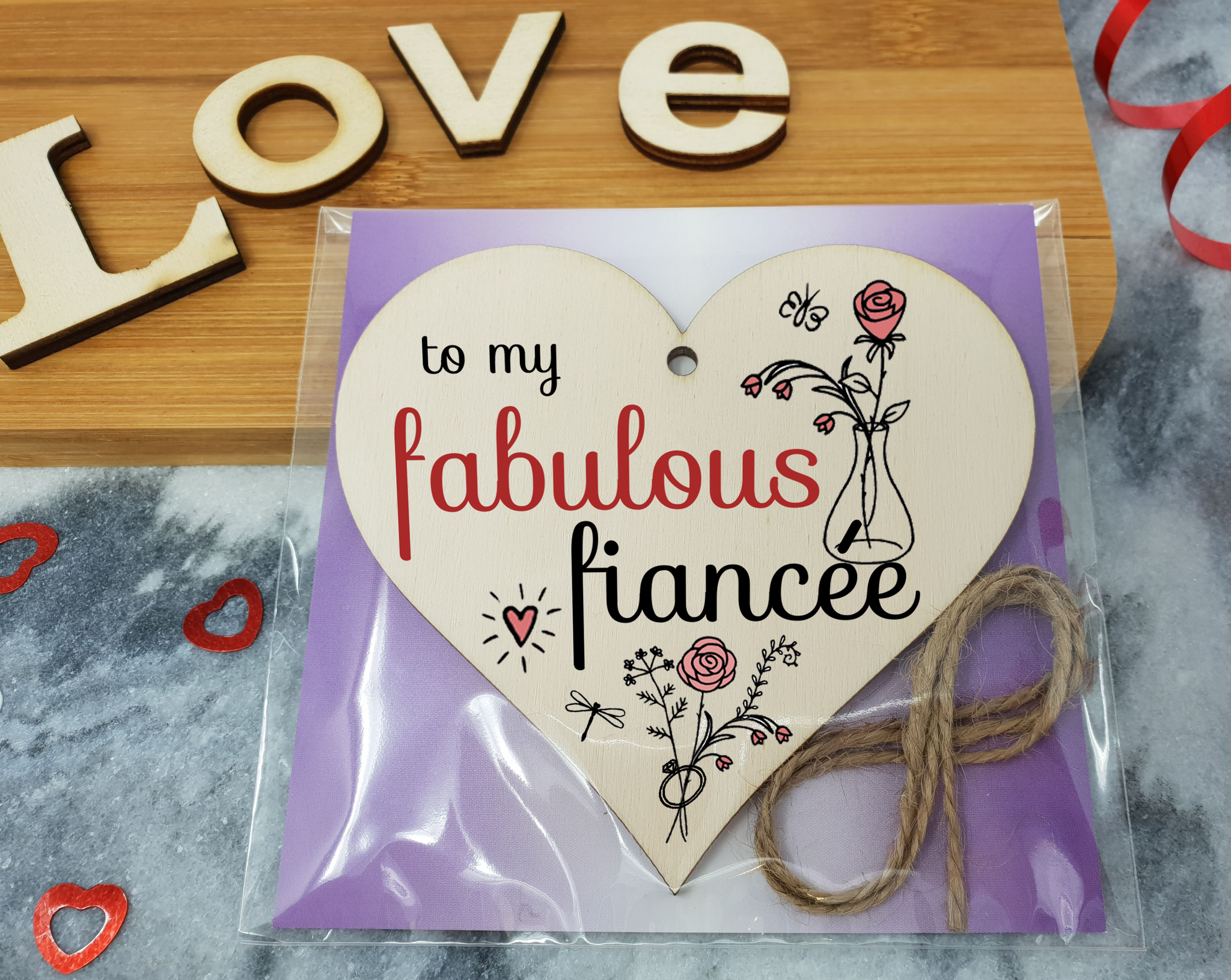 Handmade Wooden Hanging Heart Plaque Valentine's Gift to my Fabulous Fiancee for someone special future husband and wife romantic keepsake pretty floral decoration
