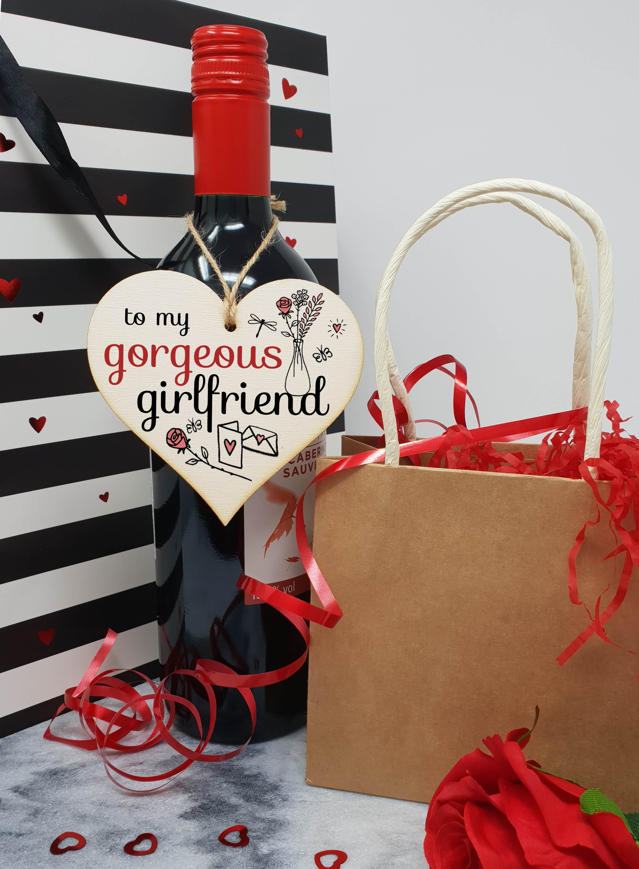 Handmade Wooden Hanging Heart Plaque Valentine's Gift to my Gorgeous Girlfriend for someone special boyfriend or partner romantic keepsake pretty floral decoration