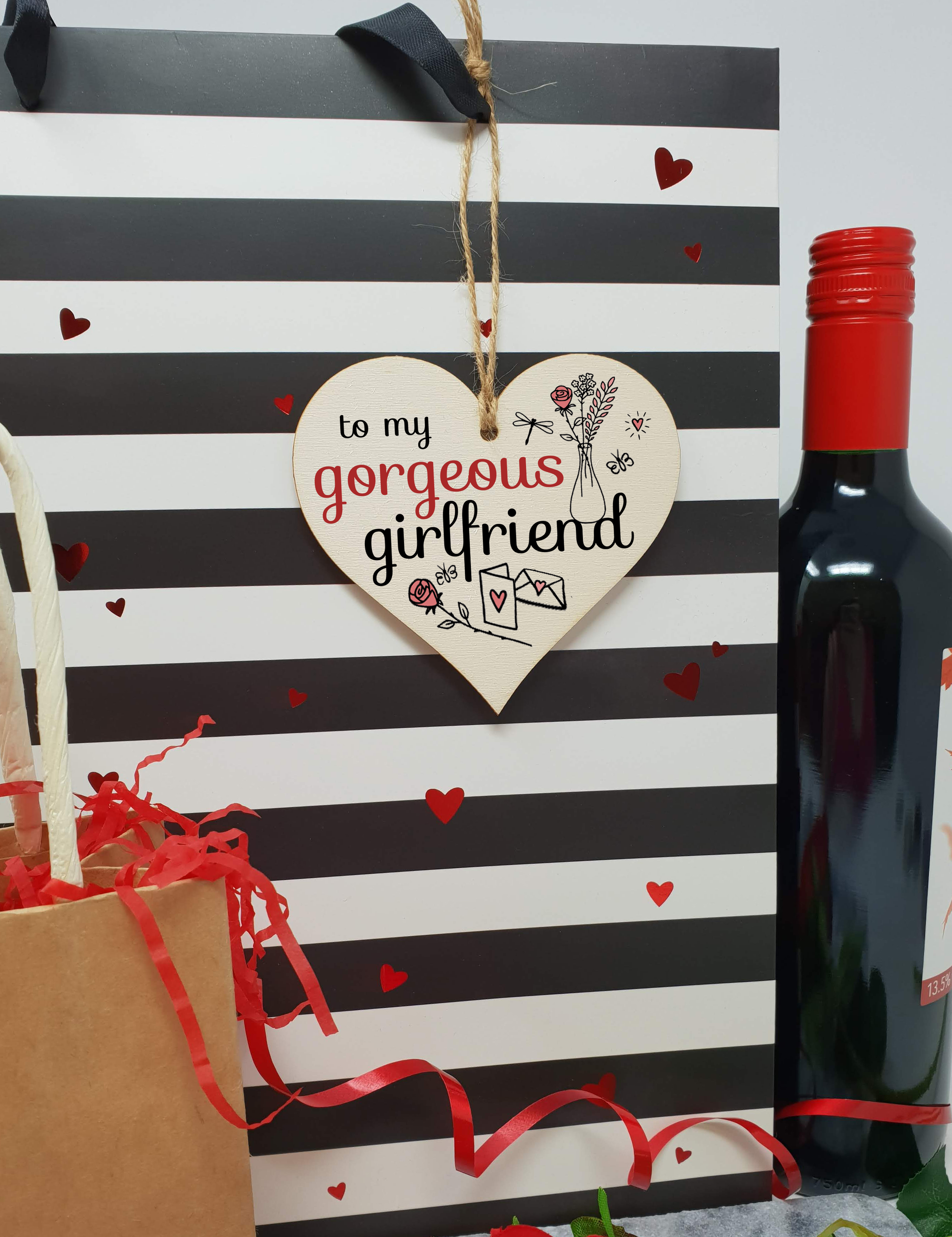 Handmade Wooden Hanging Heart Plaque Valentine's Gift to my Gorgeous Girlfriend for someone special boyfriend or partner romantic keepsake pretty floral decoration