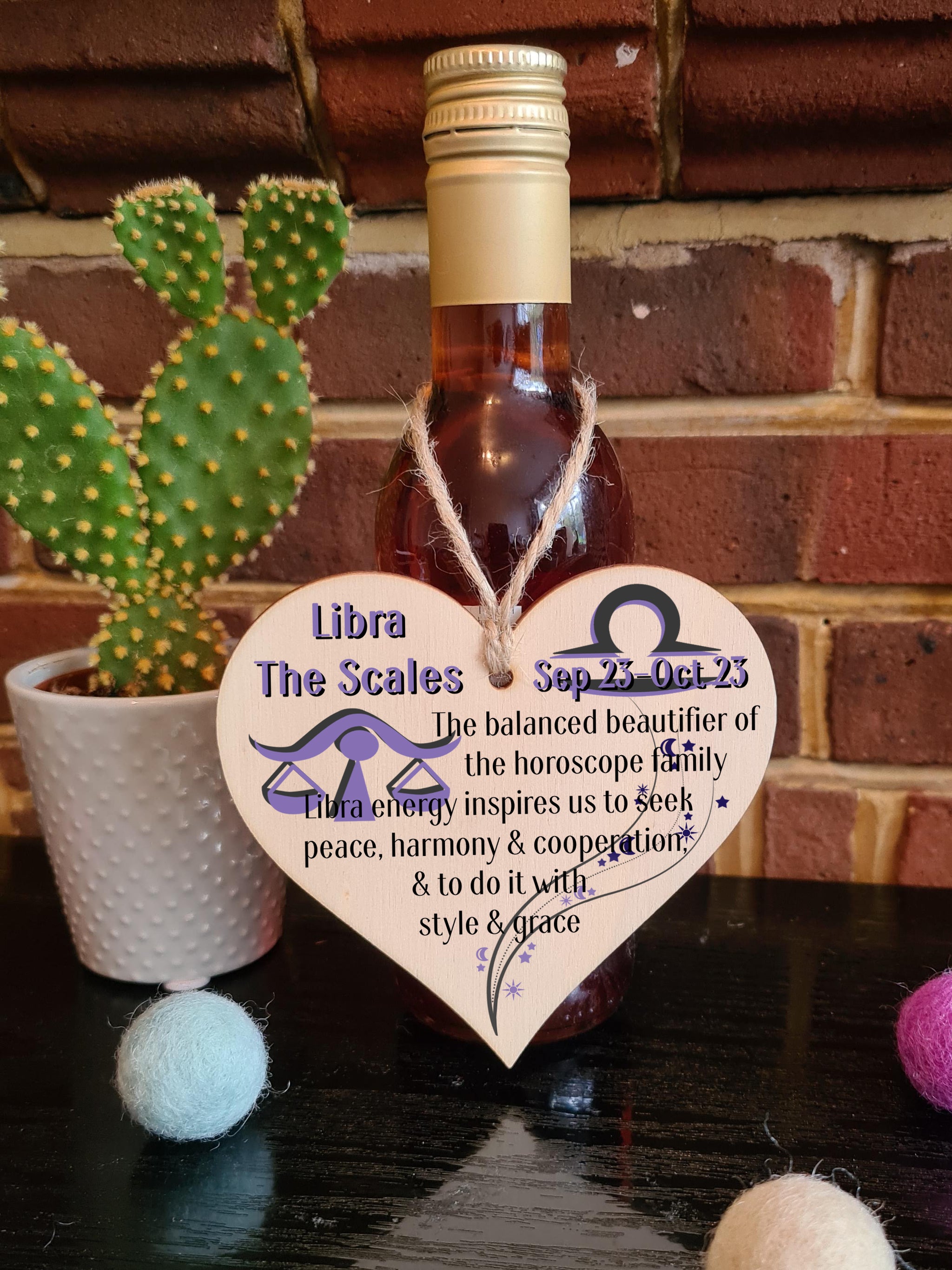 Handmade Wooden Hanging Heart Plaque Gift Signs of the Zodiac Libra Astrological Star Sign Keepsake Card Alternative