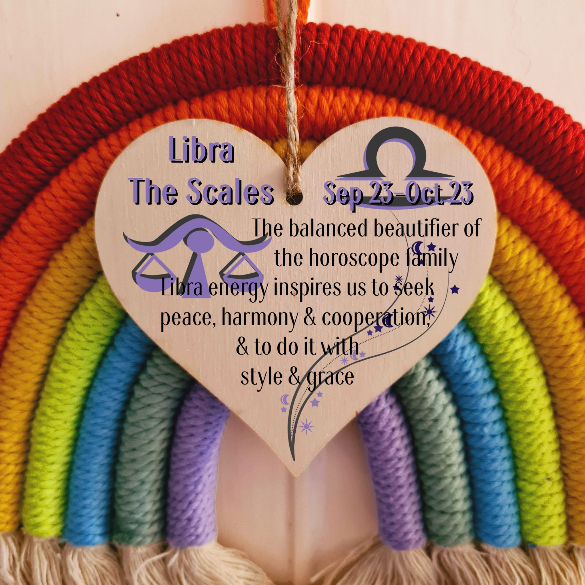 Handmade Wooden Hanging Heart Plaque Gift Signs of the Zodiac Libra Astrological Star Sign Keepsake Card Alternative