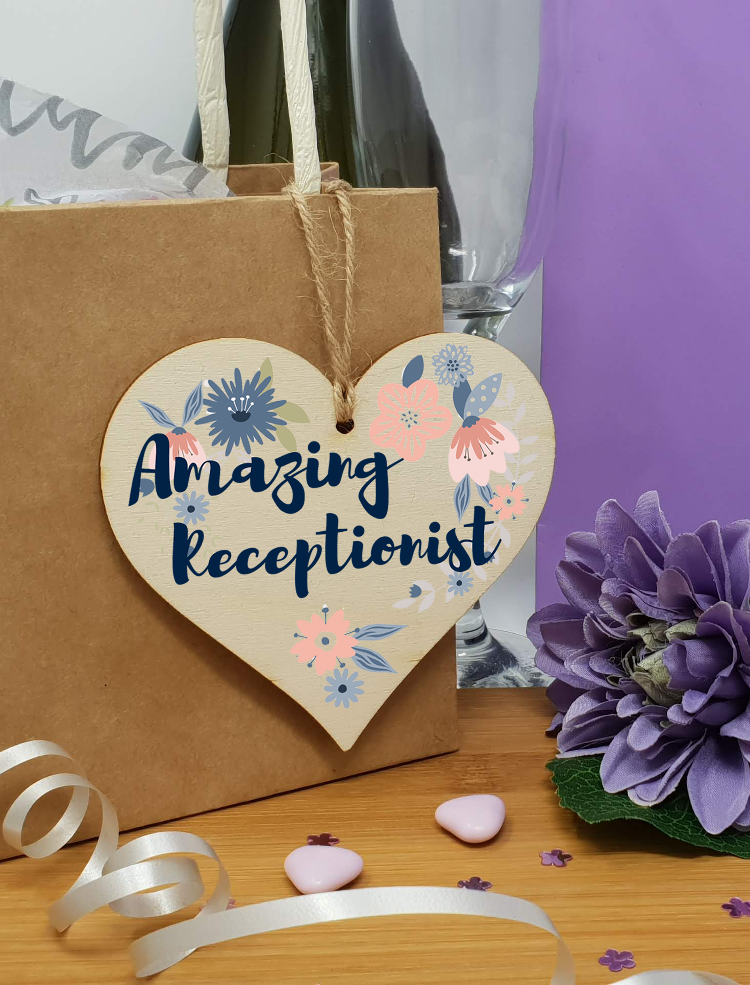 Handmade Wooden Hanging Heart Plaque Gift Amazing Receptionist Thank You Special Someone Floral Style Present Card Alternative