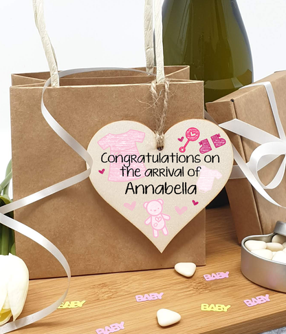 Personalised Handmade Wooden Hanging Heart Plaque Gift Congratulations on the arrival of new baby new parents present pink nursery wall decoration crayon style