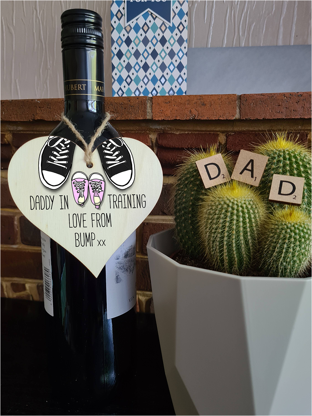 Handmade Wooden Hanging Heart Plaque Gift Daddy in training, love from bump cute little pink shoes dad to be gift tag for from baby girl boy neutral expectant parent card alternative father's day