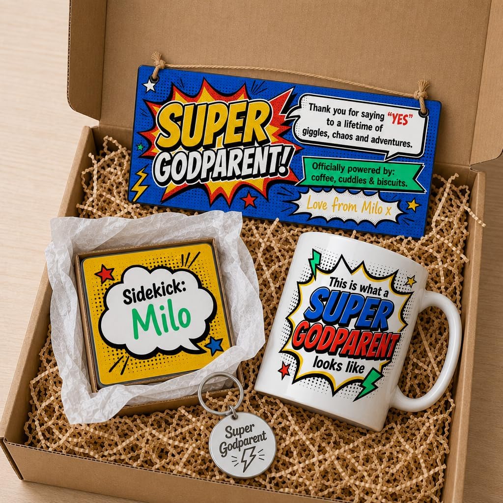 Pop Art Super Godparent gift box presentation